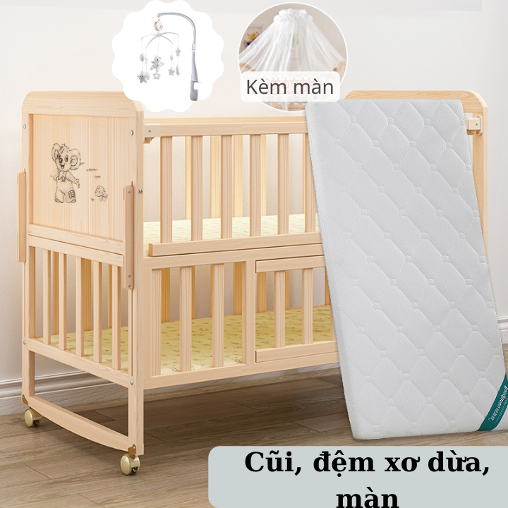 Cũi trẻ em gỗ thông 2 tầng kèm màn và bánh xe, Nôi cũi cho bé 6 chức năng có thể kê sát với giường bố mẹ-KIMIBABY