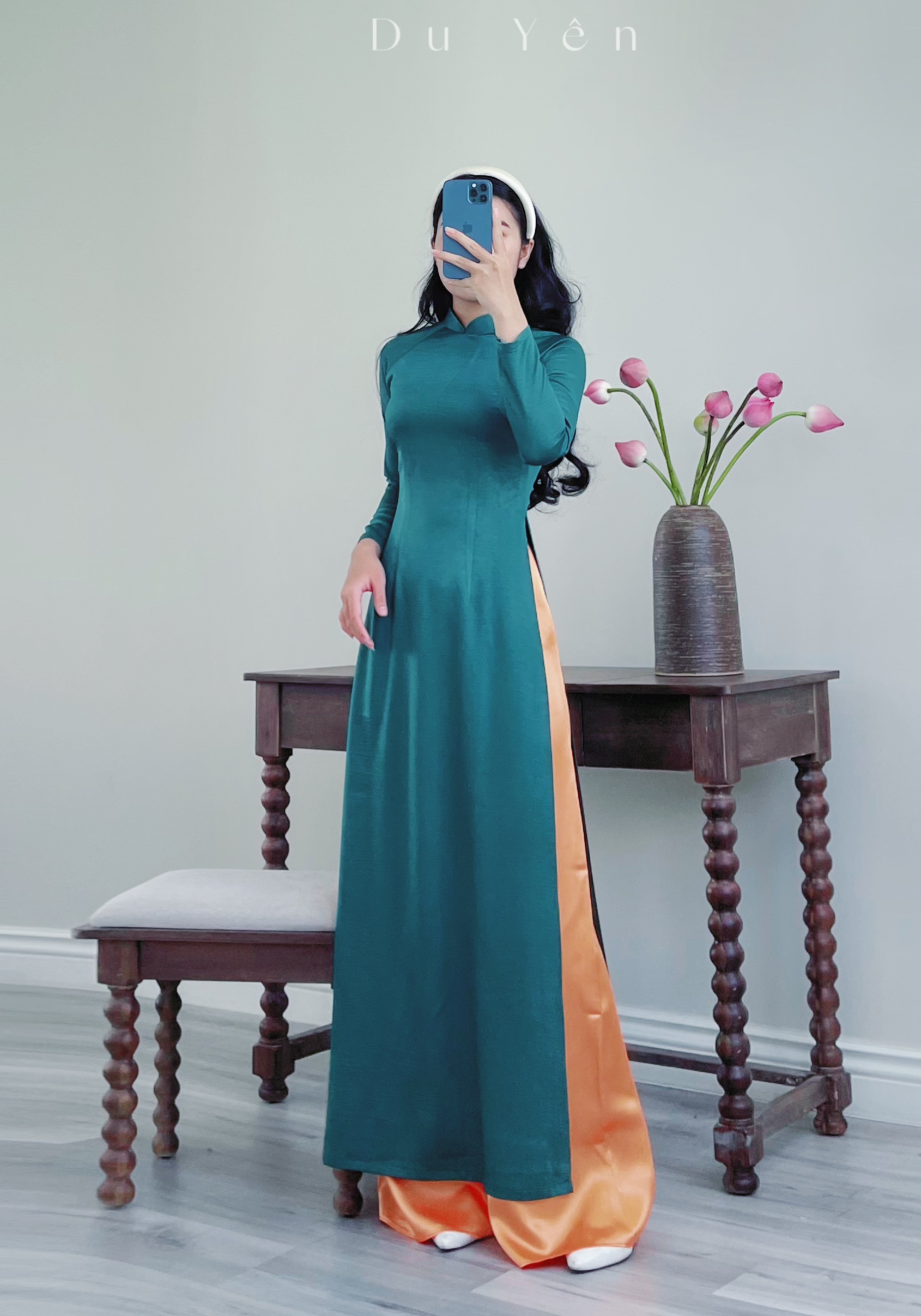 Áo dài truyền thống lụa tây thi , áo dài thụy xanh ve chai