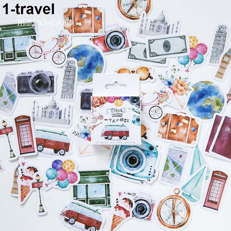 Hộp 46 sticker Travel chất liệu giấy Decal dày dặn, có sẵn keo dán, trang trí sổ kế hoạch, nhật ký, thời gian biểu