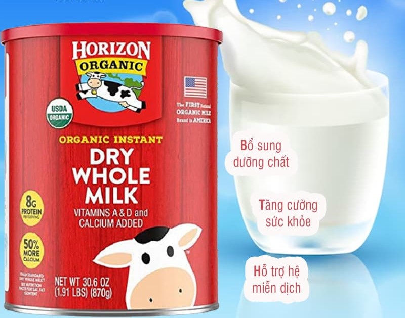 Sữa tươi nguyên kem dạng bột - sữa tươi hữu cơ horizon organic dry whole milk 870g