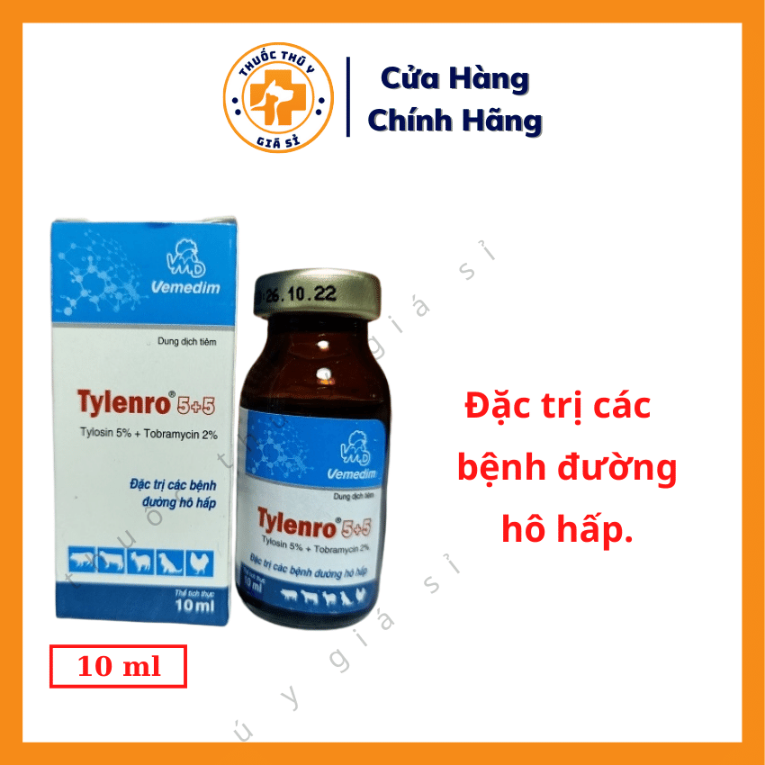 "Hoàn tiền đến 10%" Vemedim Tylenro 5 5 10ml - Trị Các Bệnh Đường Hô Hấp, Tụ Huyết Trùng, Phó Thương Hàn Ở Heo, Trâu, Bò, Dê, Cừu, Gà, Vịt, Chó, Mèo - Thú Y Giá Sỉ