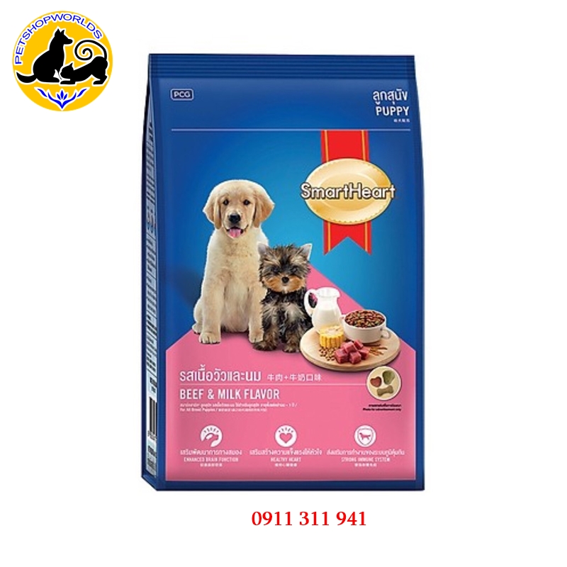 [HCM]Thức ăn hạt khô cho chó con Smartheart Puppy vị Bò và Sữa túi 400g