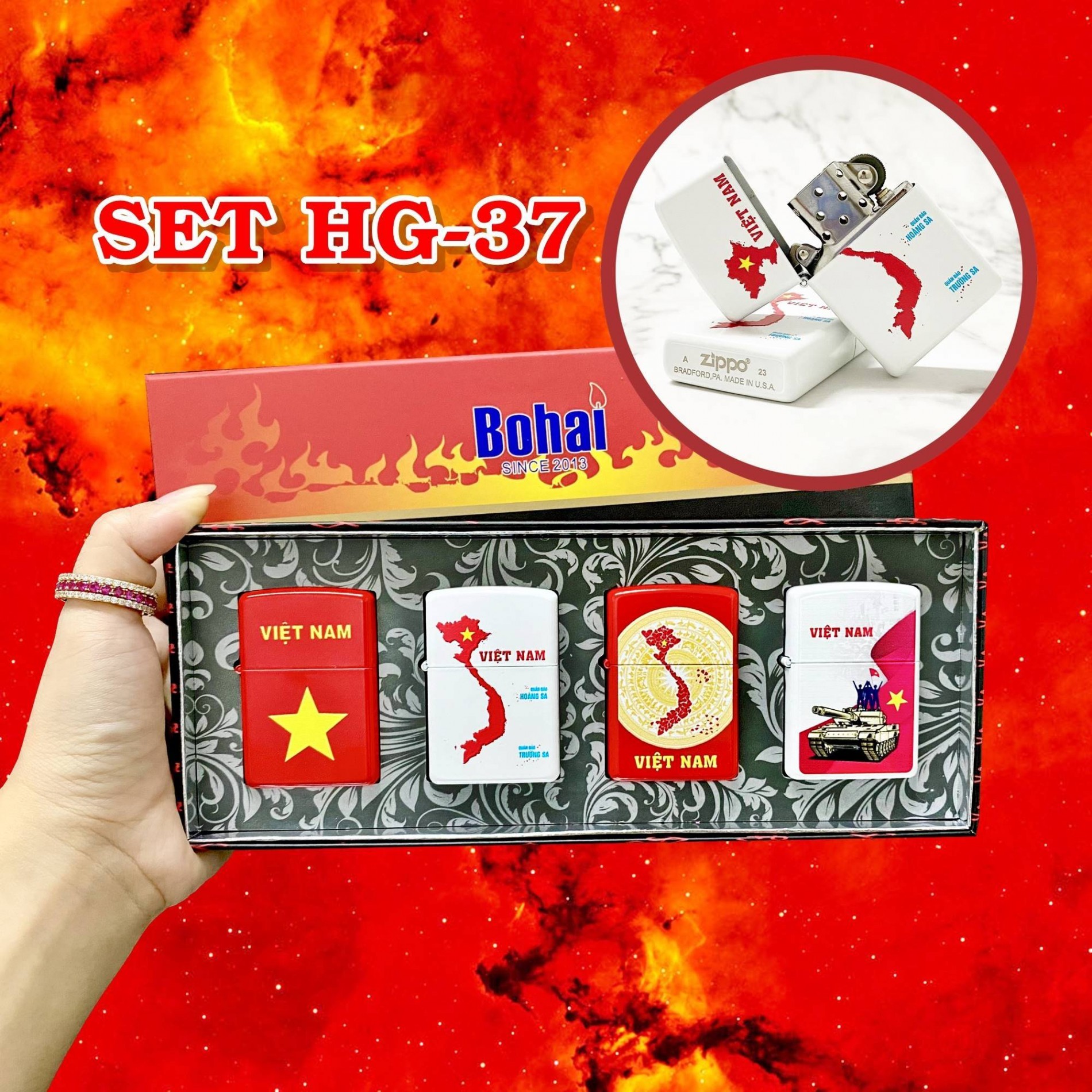 [HCM] Bộ 4 Bật Lửa Zippo Sơn Tĩnh Điện Chủ Đề Việt Nam (Có Mẫu Lẻ)