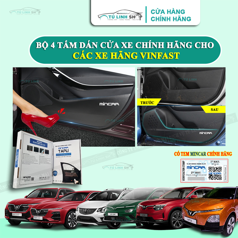 Bộ 4 Tấm dán Tapli xe VINFAST FADIL, Lux A, Lux SA, VF5, VF8, VF9, VF e34 chính hãng MINCAR, chống xước tapi cửa ô tô bằng Carbon Air Fiber cao cấp
