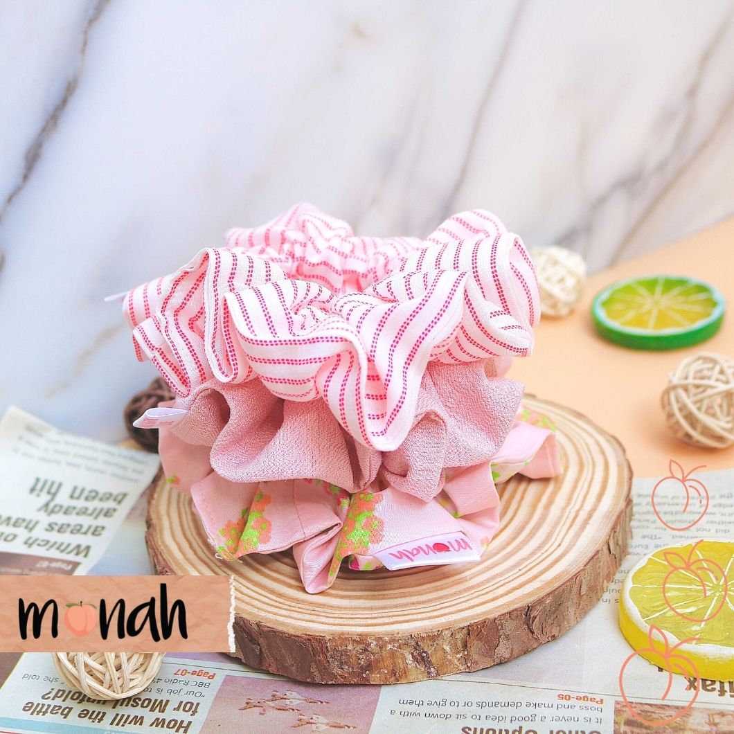 Combo 3 Cột Tóc Buộc Tóc Scrunchie Màu Hồng Pastel Sọc