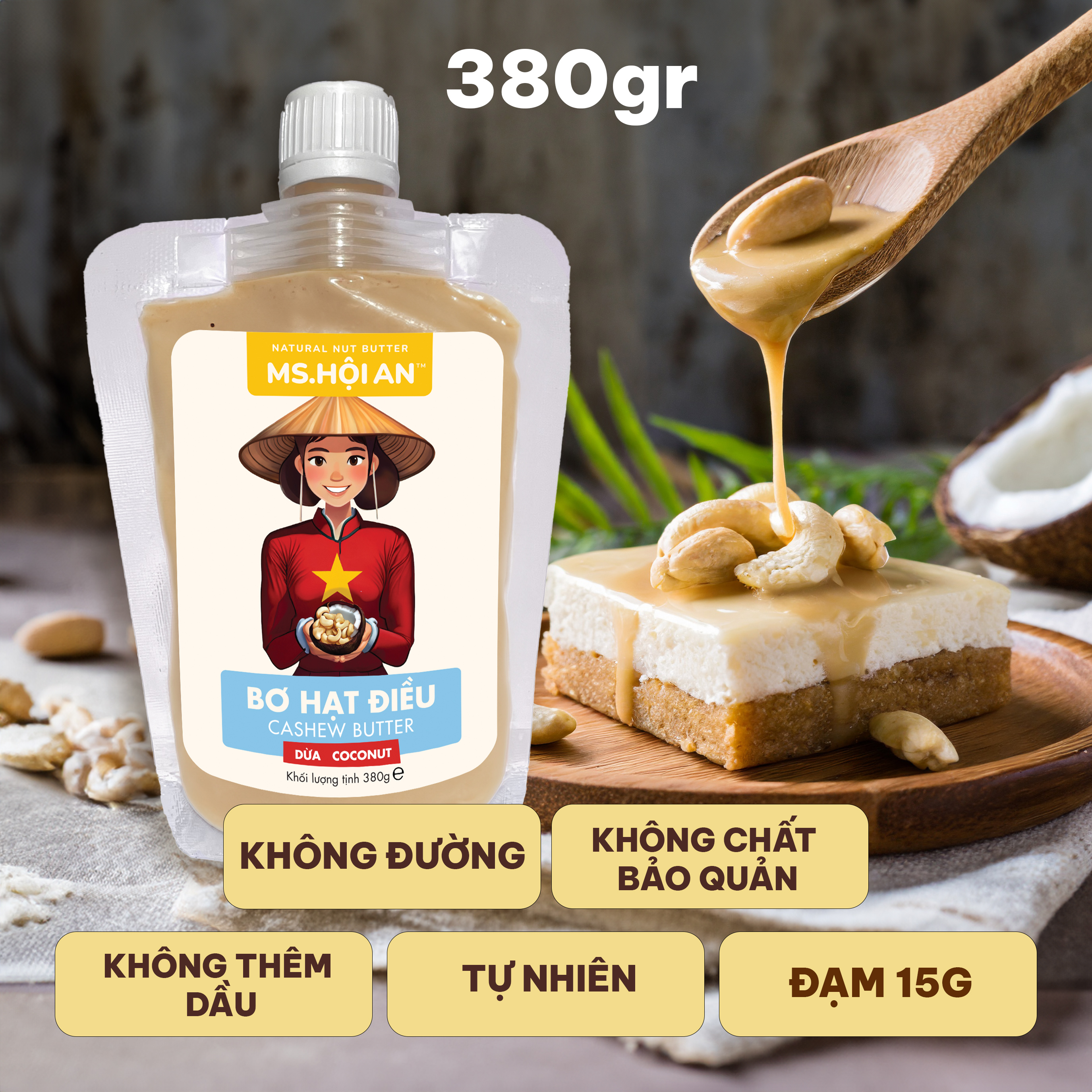 Không đường | Bơ Hạt điều Dừa| Cashew Butter Coconut 380g