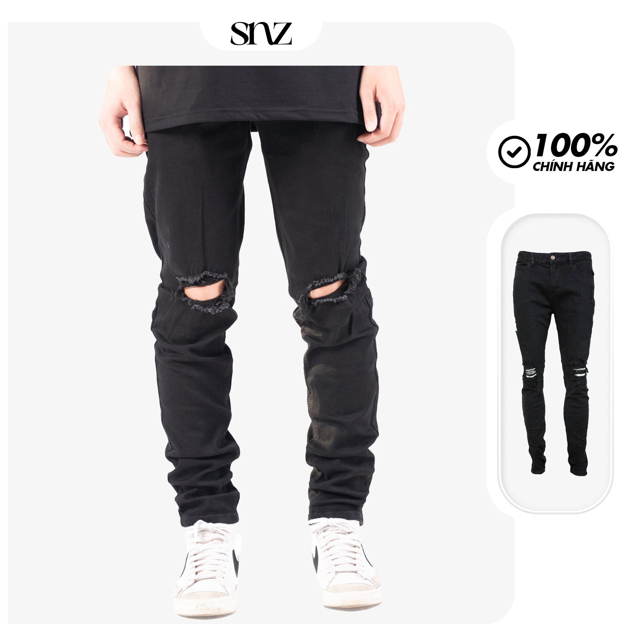 Quần jeans nam SNAZZY vải bò denim màu đen rách gối co giãn form slimfit DISTRESS BLACK