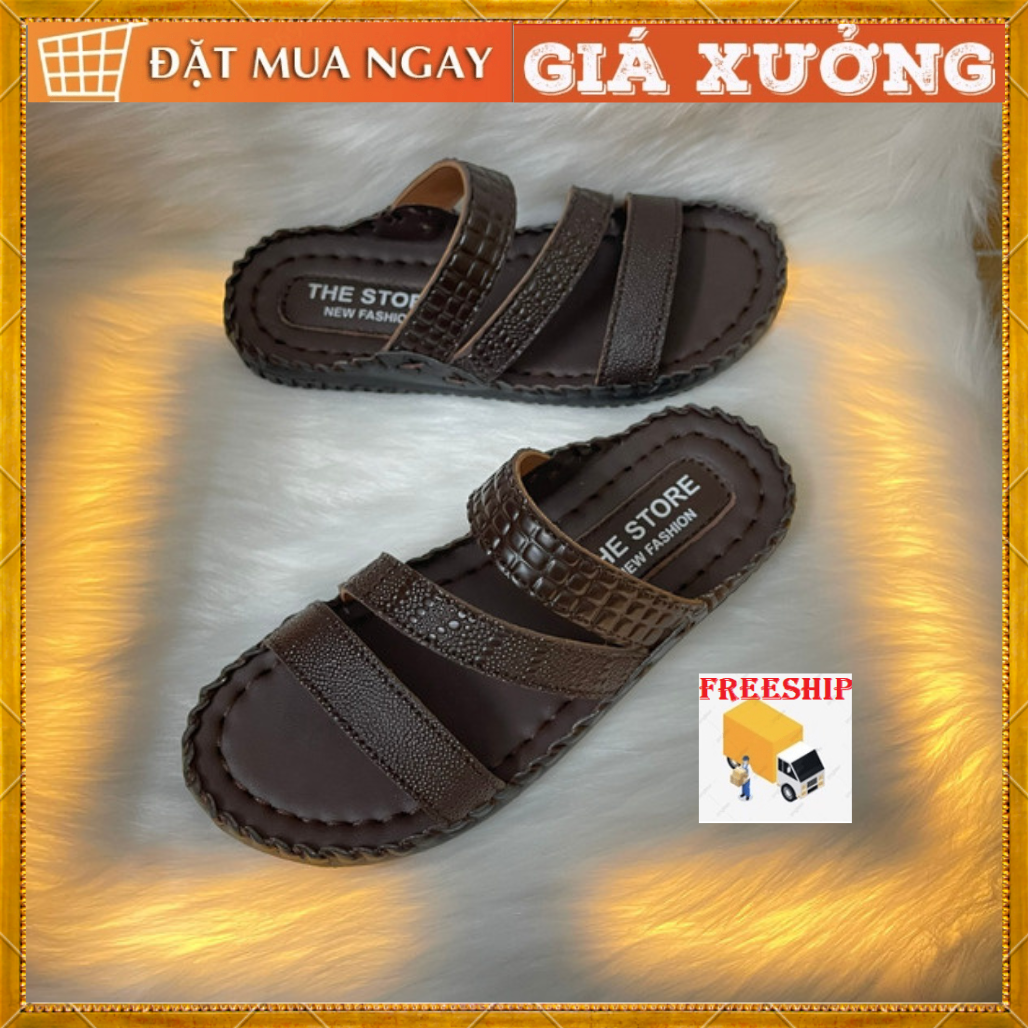 Dép nam da cao cấp vân cá sâu đế cao su chống trơn trượt
