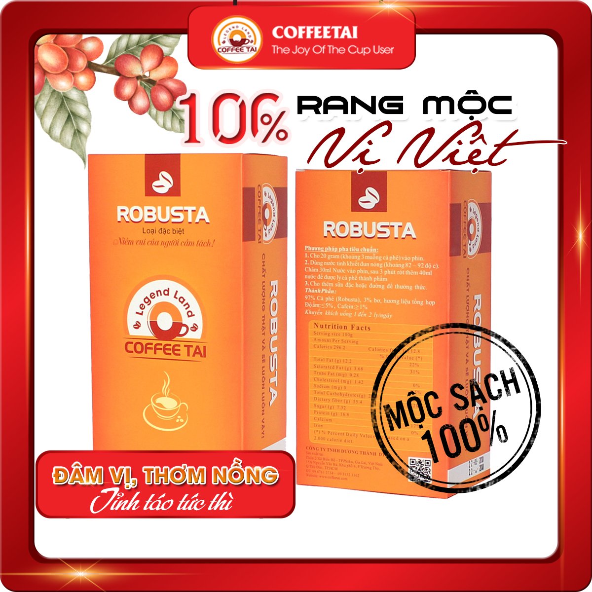 Cà phê mộc sạch COFFEETAI 1 hộp cafe robusta 500gr rang xay nguyên chất gu đậm đà cà phê hương vị đậm đà thơm nồng hậu đắng dài rang bằng công nghệ hot air