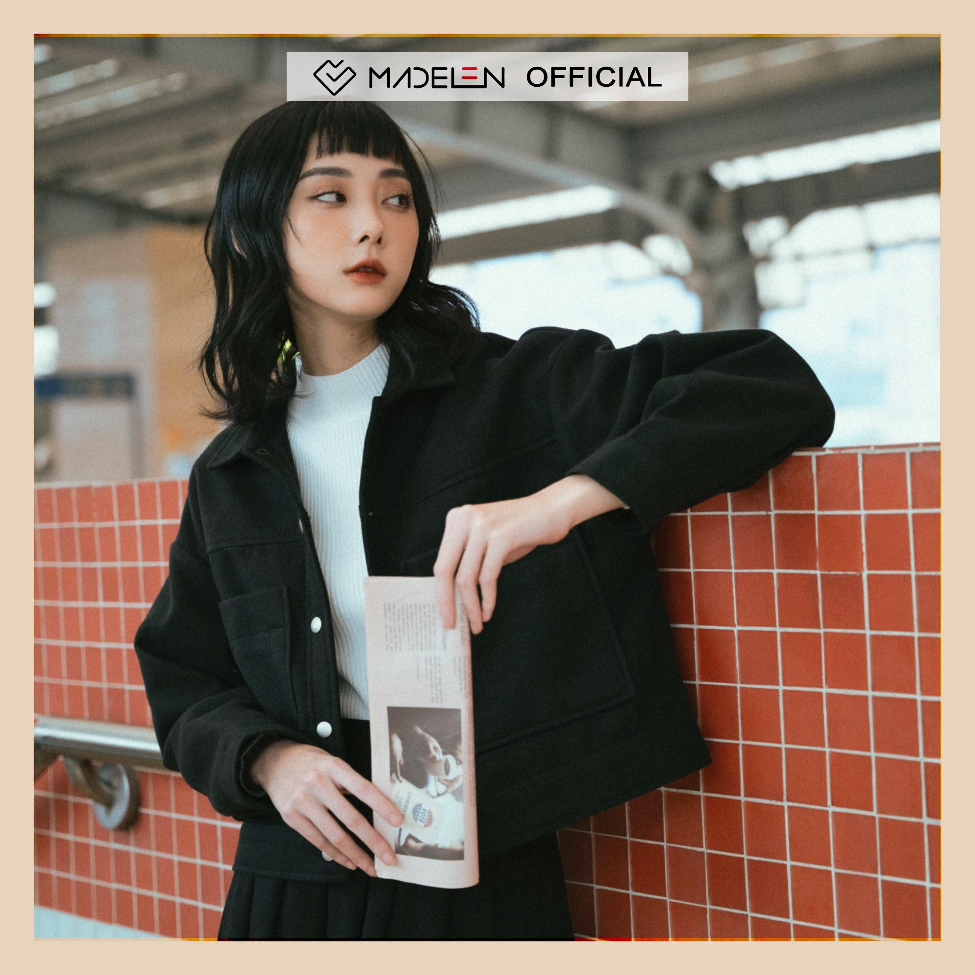 Áo túi ôp cúc dập- dạ đen madelen