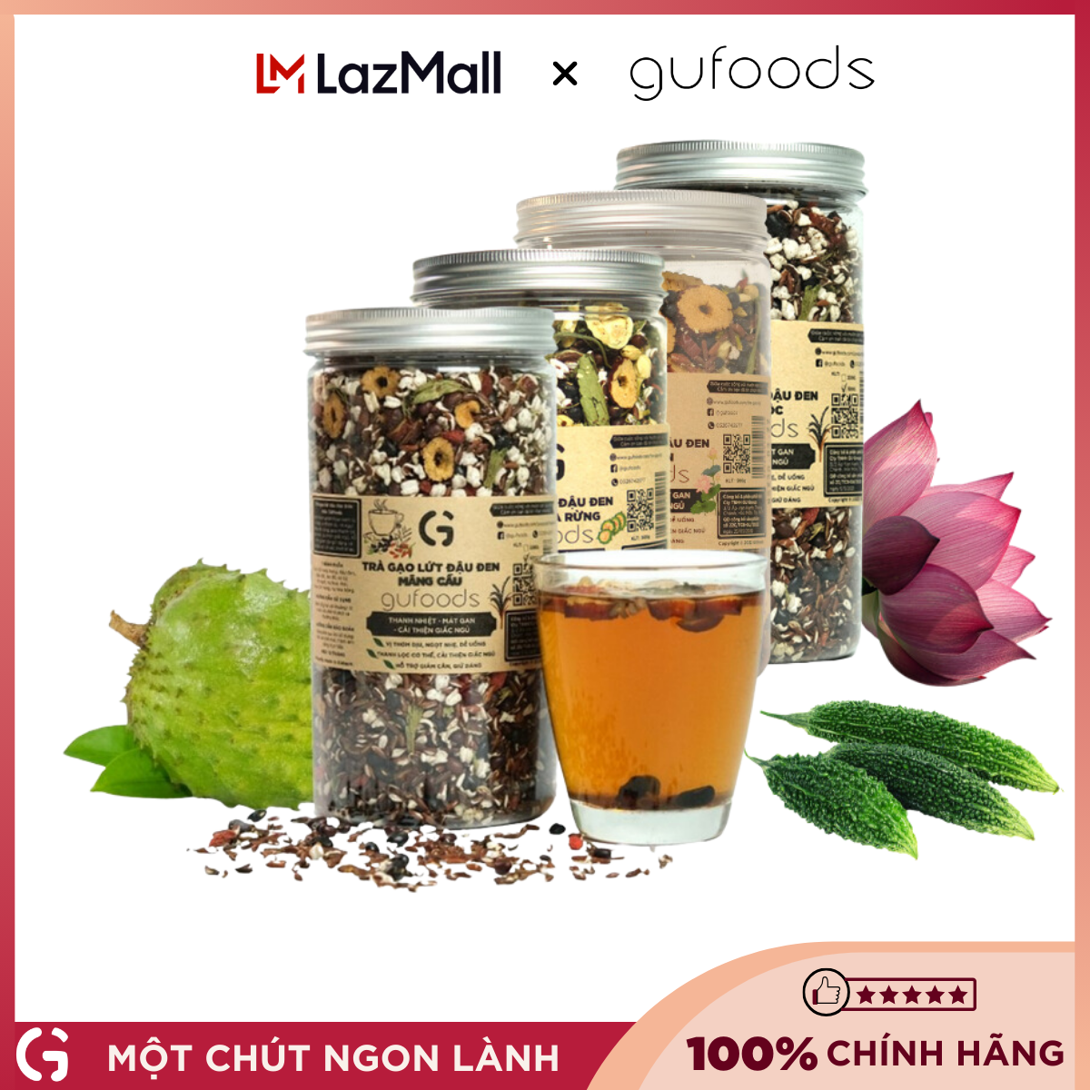 Combo 4 hũ Trà gạo lứt đậu đen GUfoods vị Thảo mộc/Mãng cầu/ Tim sen/ Khổ qua - Thanh nhiệt, Mát gan, Cải thiện giấc ngủ