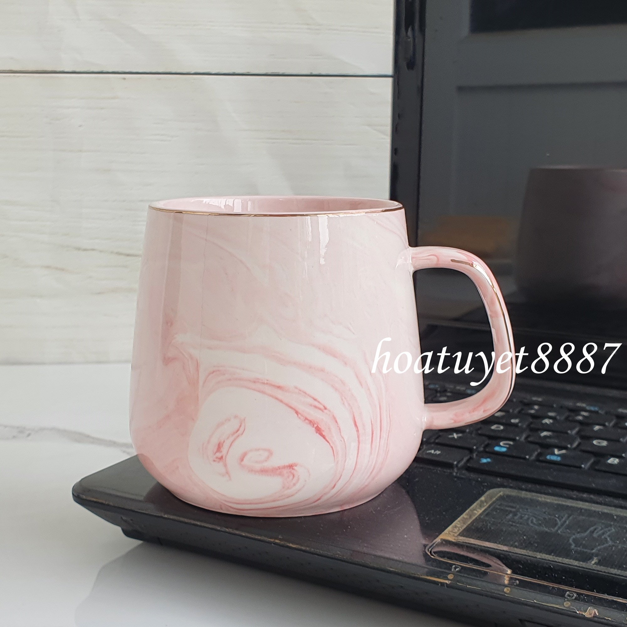 Ly cốc sứ cao cấp hình Vân đá phối viền vàng sang trọng dung tích 350ml
