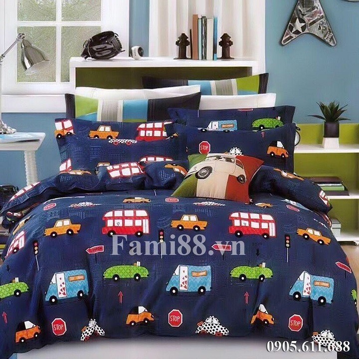 Set 3 ga gối - Bộ ga chun và 2 vỏ gối chất Cotton Poly họa tiết ô tô cho bé trai