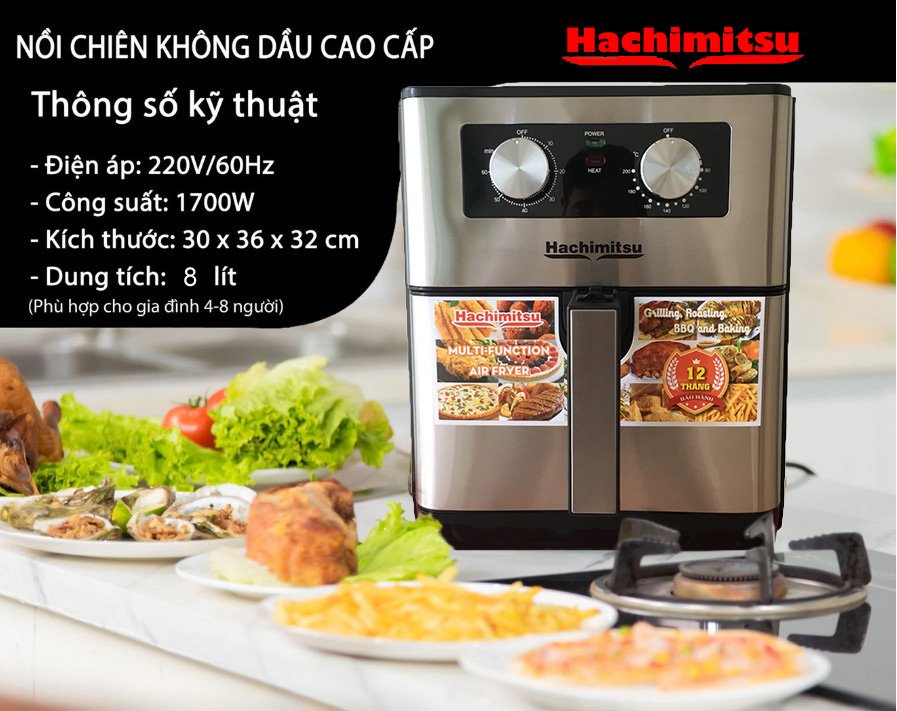 Nồi chiên không dầu hachimitsu 8l hc 688- điều khiển cơ- công suất 1700w- khay phủ chống dính siêu bền- không mùi nhựa