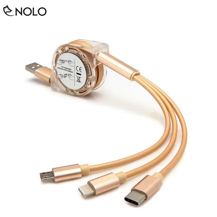 Cáp sạc 3 đầu dây rút microusb, type c, lightning iphone dây tpe lõi đồng siêu bền 100cm