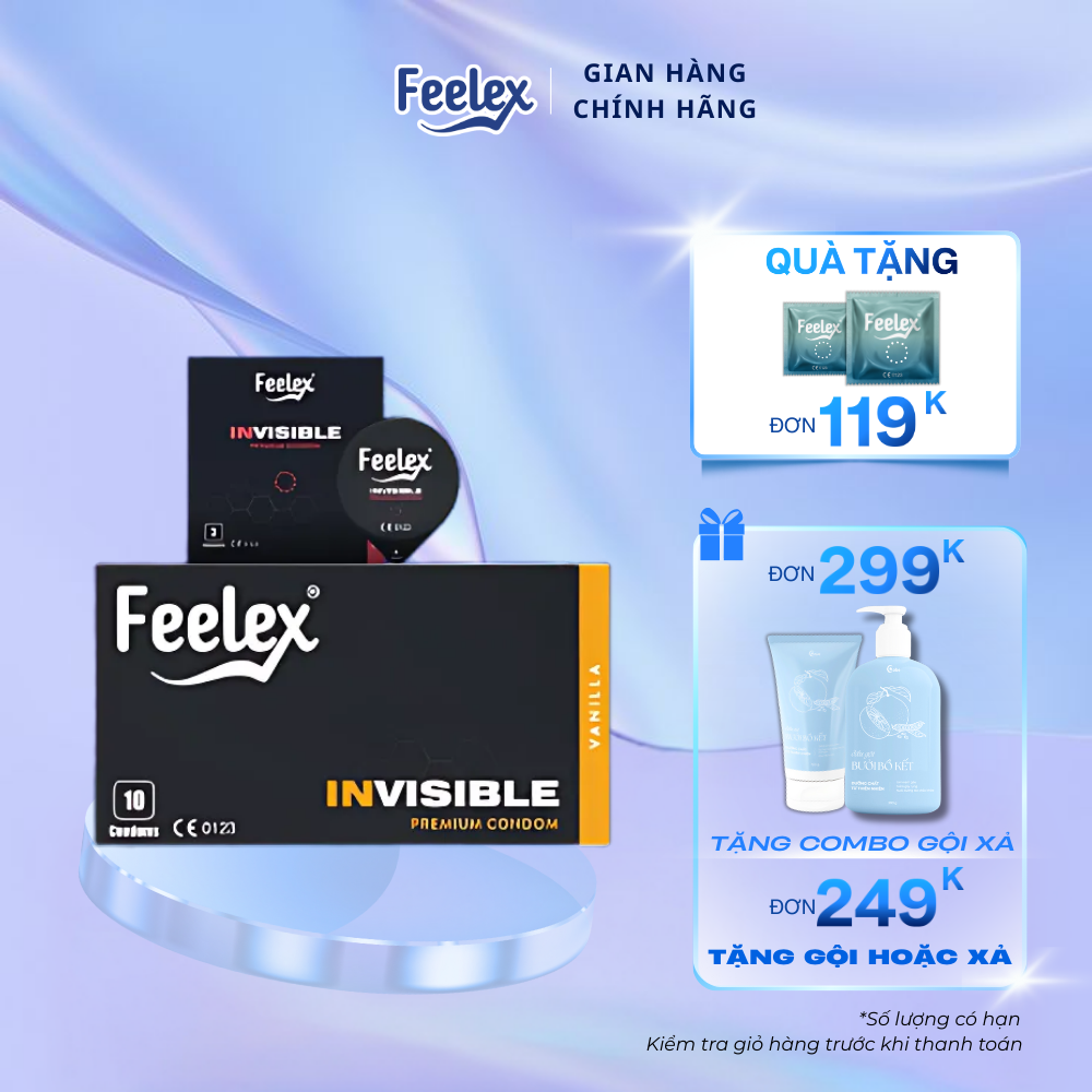 Bao cao su nam Feelex Invisible siêu mỏng, nhiều gel, hương vani - Hộp 10 chiếc