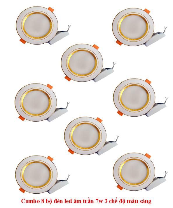 Combo 8 bộ đèn led âm trần viền vàng 7w 3 màu 3 chế độ HG