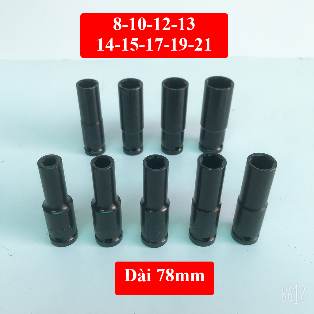 Tuýp mở bulong hệ 1/2 inch gồm 9 cỡ từ 8-21mm thân tuýp dài 78mm, khẩu mở bulong có bán lẻ các cỡ