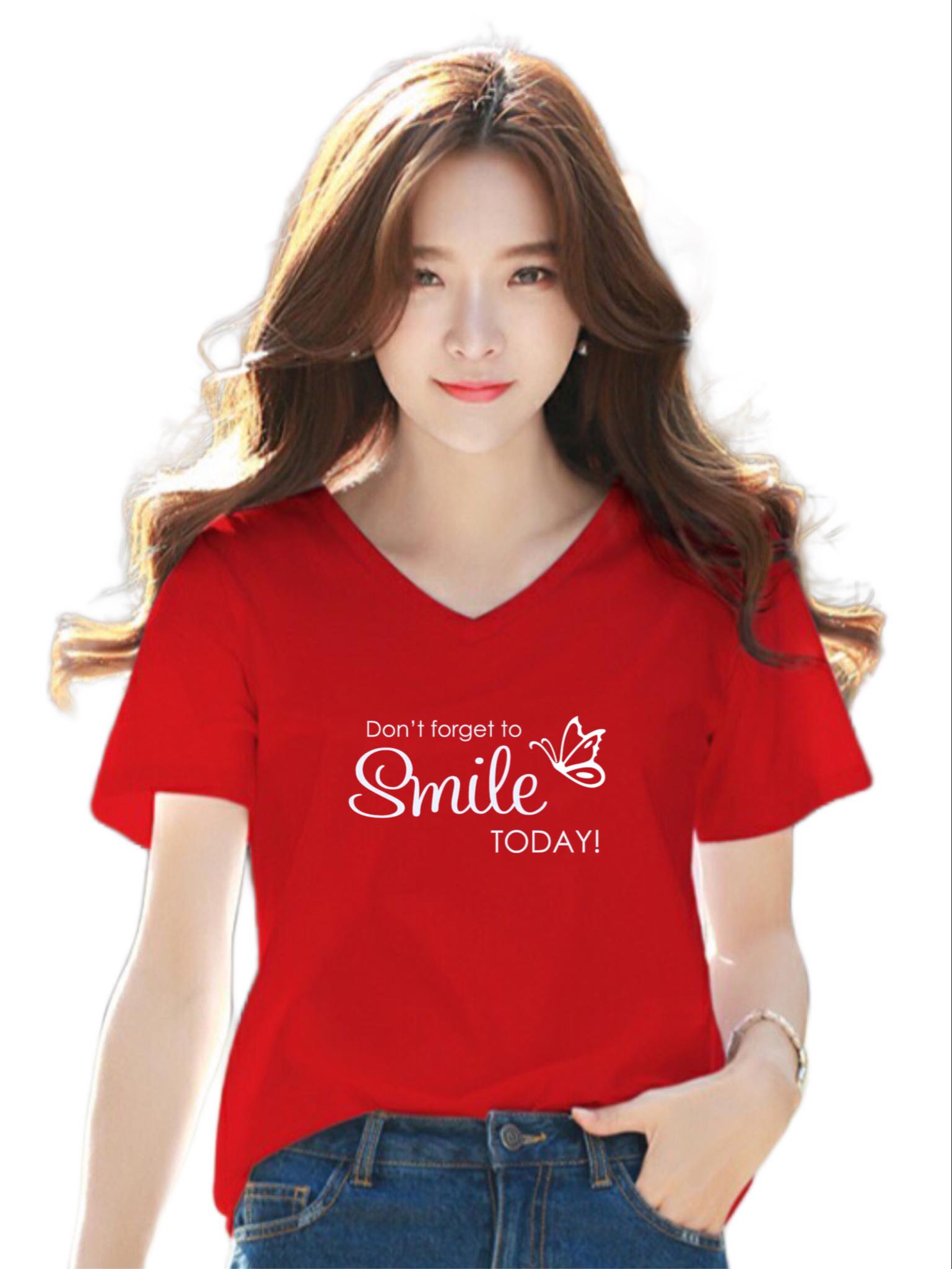 Áo phông nữ cổ tim in chữ Smile form rộng phong cách Hàn Quốc - ANU216