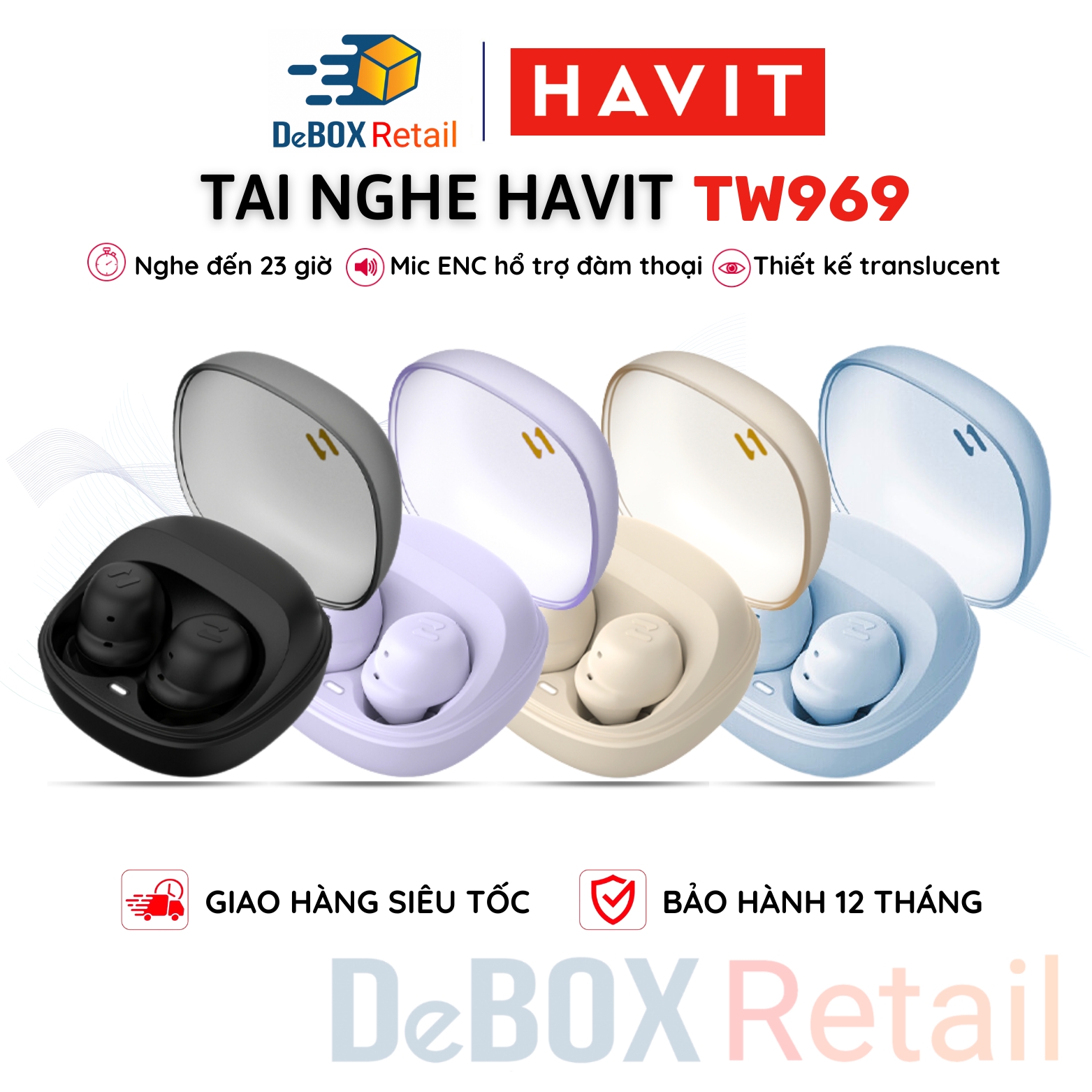 Tai nghe tws havit tw969, bluetooth 5.3, màng loa kép enc 8mm, gamemode 60ms, nghe đến 23 giờ - hàng chính hãng