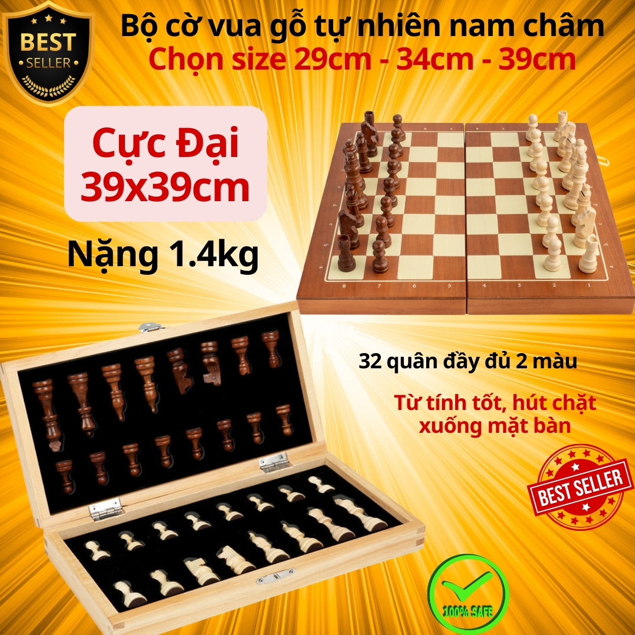 Bộ cờ vua gỗ nam châm cao cấp - Cờ vua cực đại 39x39cm nam châm bằng gỗ thông tự nhiên có bàn là hộp đựng chính hãng D Danido