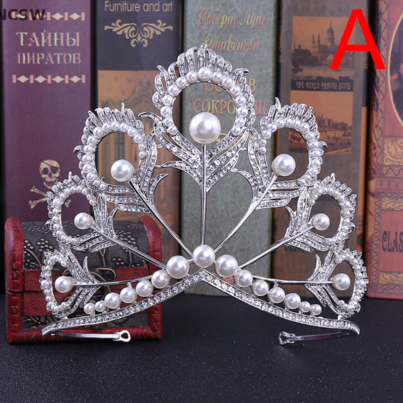 NCSW Làm bằng tay cô dâu ngọc trai pha lê vương miện tóc lớn vương miện cuộc thi Hoa hậu bên Headband