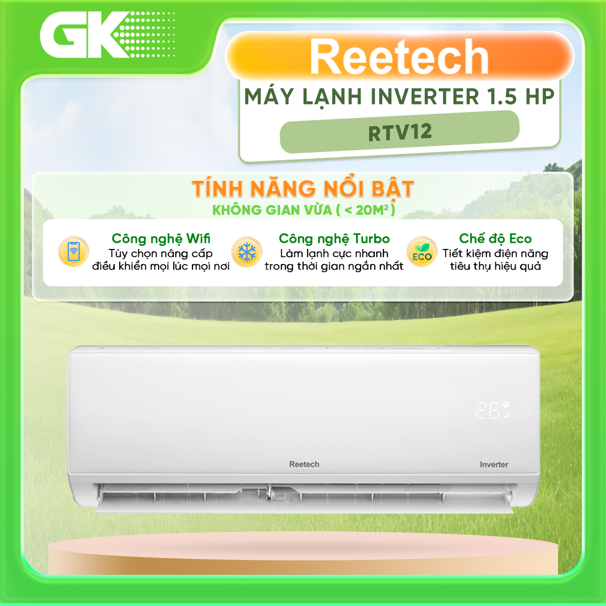 Máy lạnh Reetech Inverter 1.5 HP RTV12-TC-BI - RTV12 [HCM] [Trả Góp] - Tích hợp chế độ Dry khử ẩm độ