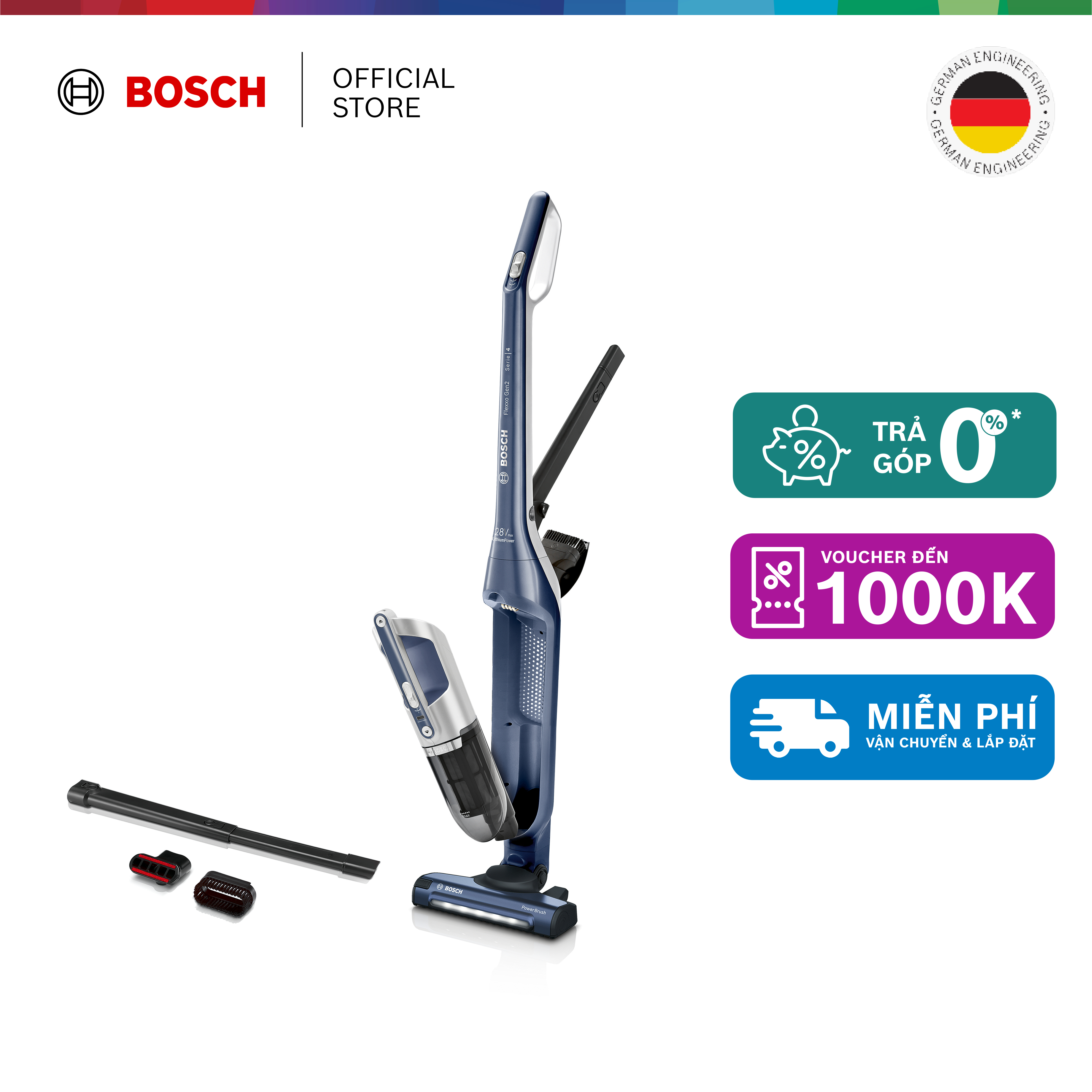 Máy hút bụi không dây Bosch BCH3K2851 - Series 4 xanh xám - Hàng chính hãng