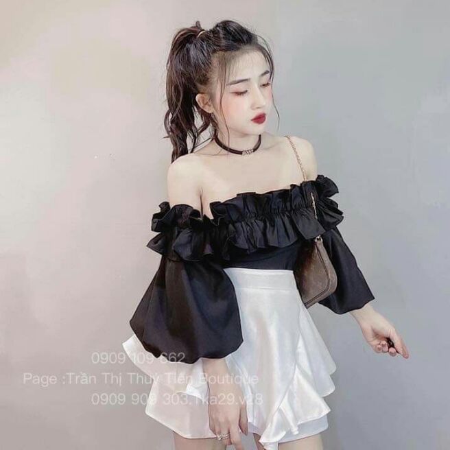 Set áo crop tay phồng kèm chân váy xoè