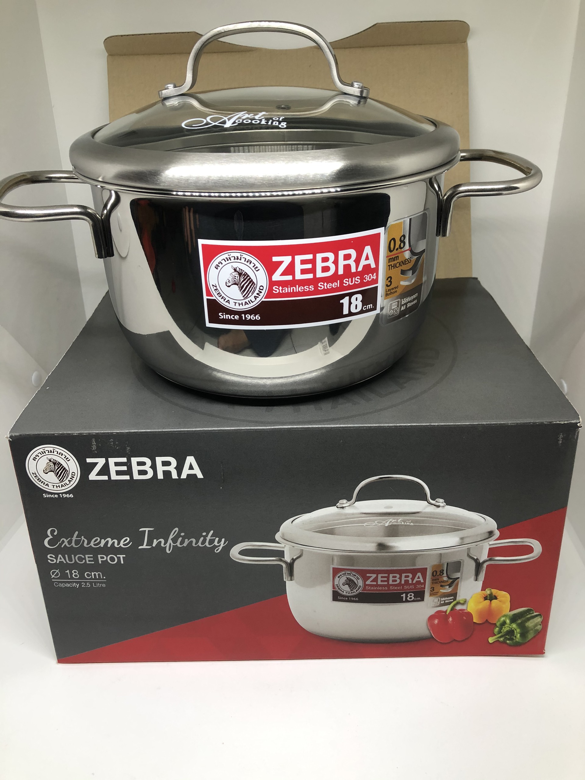 Nồi 3 đáy inox 304 Zebra Thailand dòng Extreme infinity cao cấp nắp kiếng 18-24cm sáng bóng an toàn vệ sinh