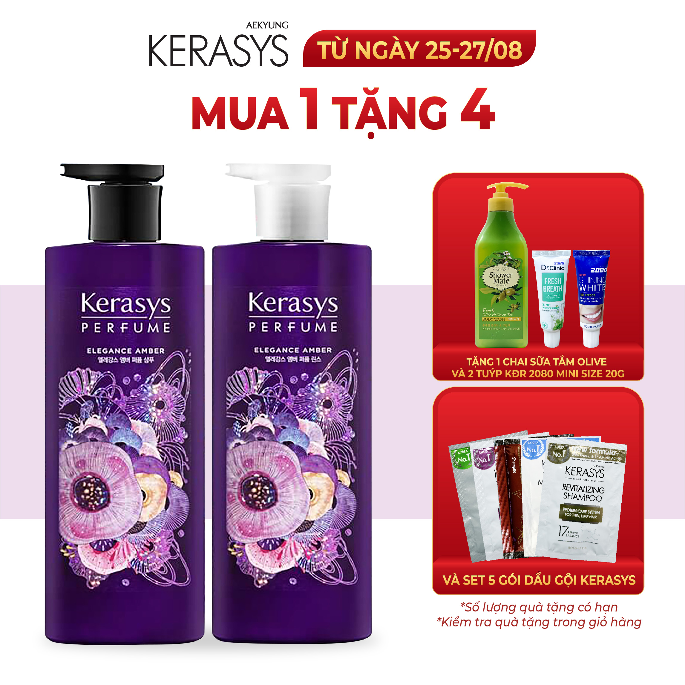 Cặp dầu gội xả nước hoa Kerasys Elegance Amber cao cấp Hàn Quốc hương Violet và hoa Diên Vỹ giúp tăng cường dưỡng ẩm 600ml