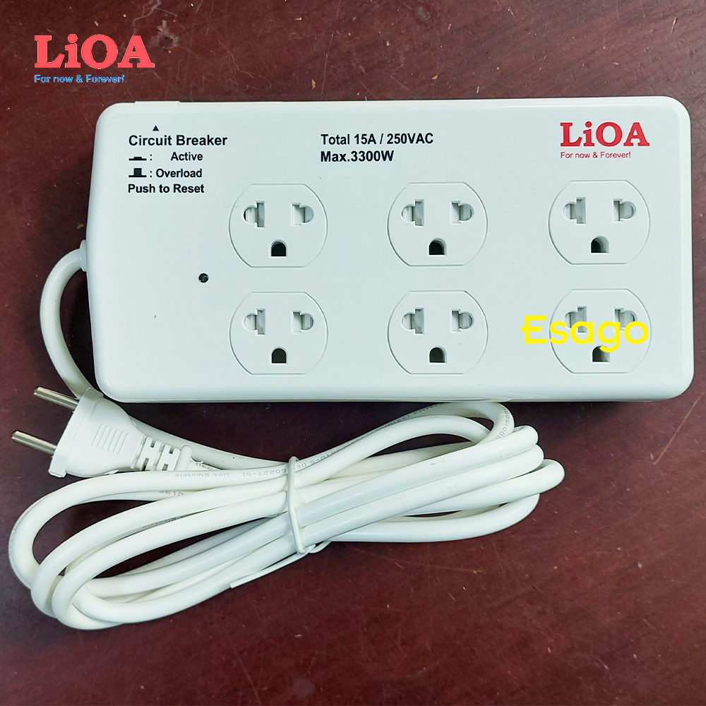 Ổ cắm kéo dài công suất cao LiOA loại 6 ổ cắm, có nắp che an toàn