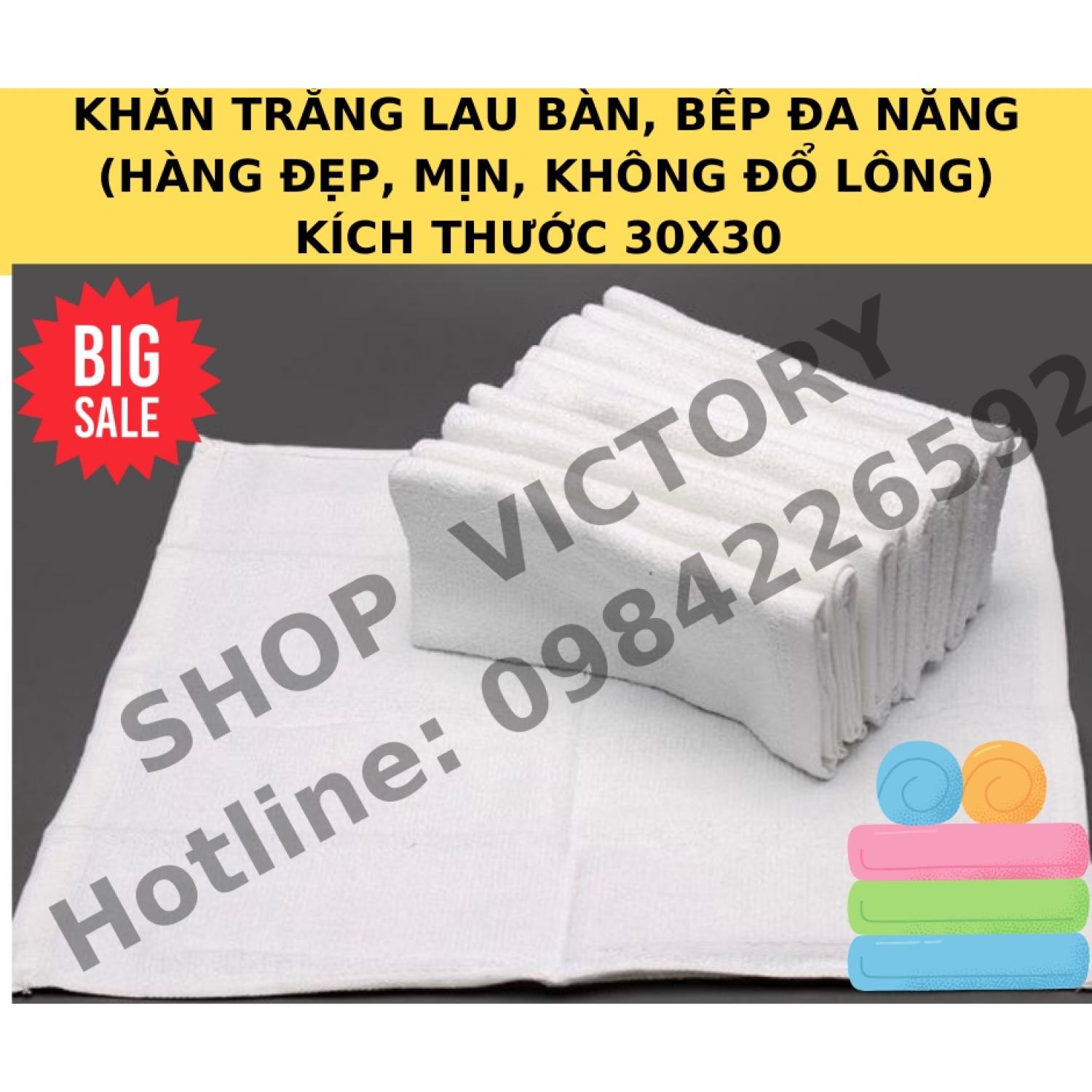 Combo 10 khăn trắng/màu lau bàn/bếp kích thước cm