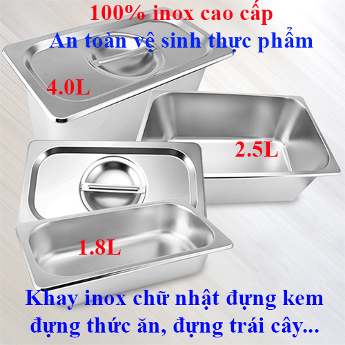 Khay inox chữ nhật đựng kem tươi-topping thạch - đựng trái cây - đồ bán bánh mì