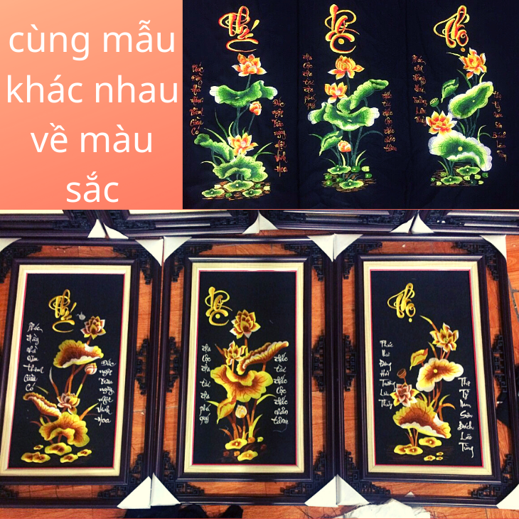Tranh thêu phúc lộc thọ sen vàng,tranh thêu thành phẩm một bộ ba chữ phúc lộc thọ,kích thước chiều rộng 45cm chiều cao 75cm ,tranh thêu chỉ lụa trên vải