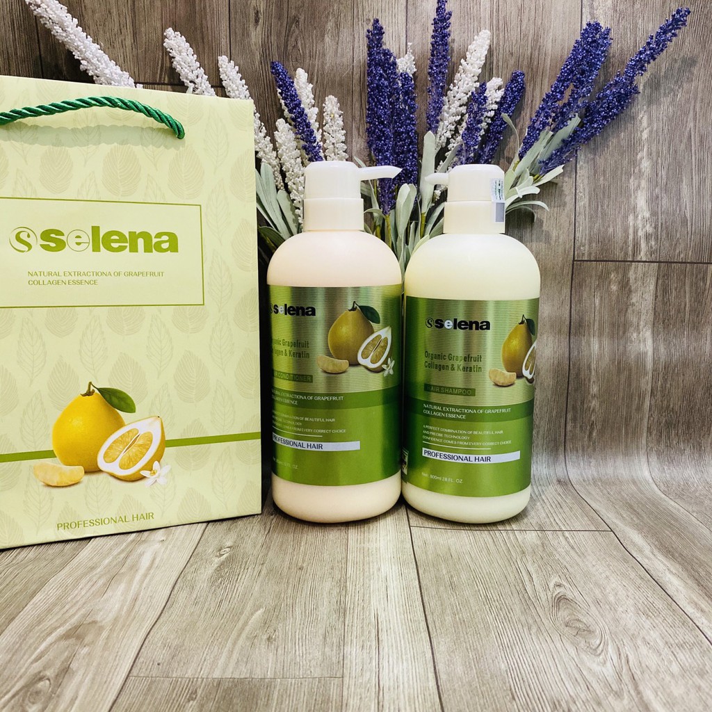Dầu gội bưởi organic bộ dầu gội dầu xả bưởi giảm rụng tóc phục hồi hư tổn selena 800ml