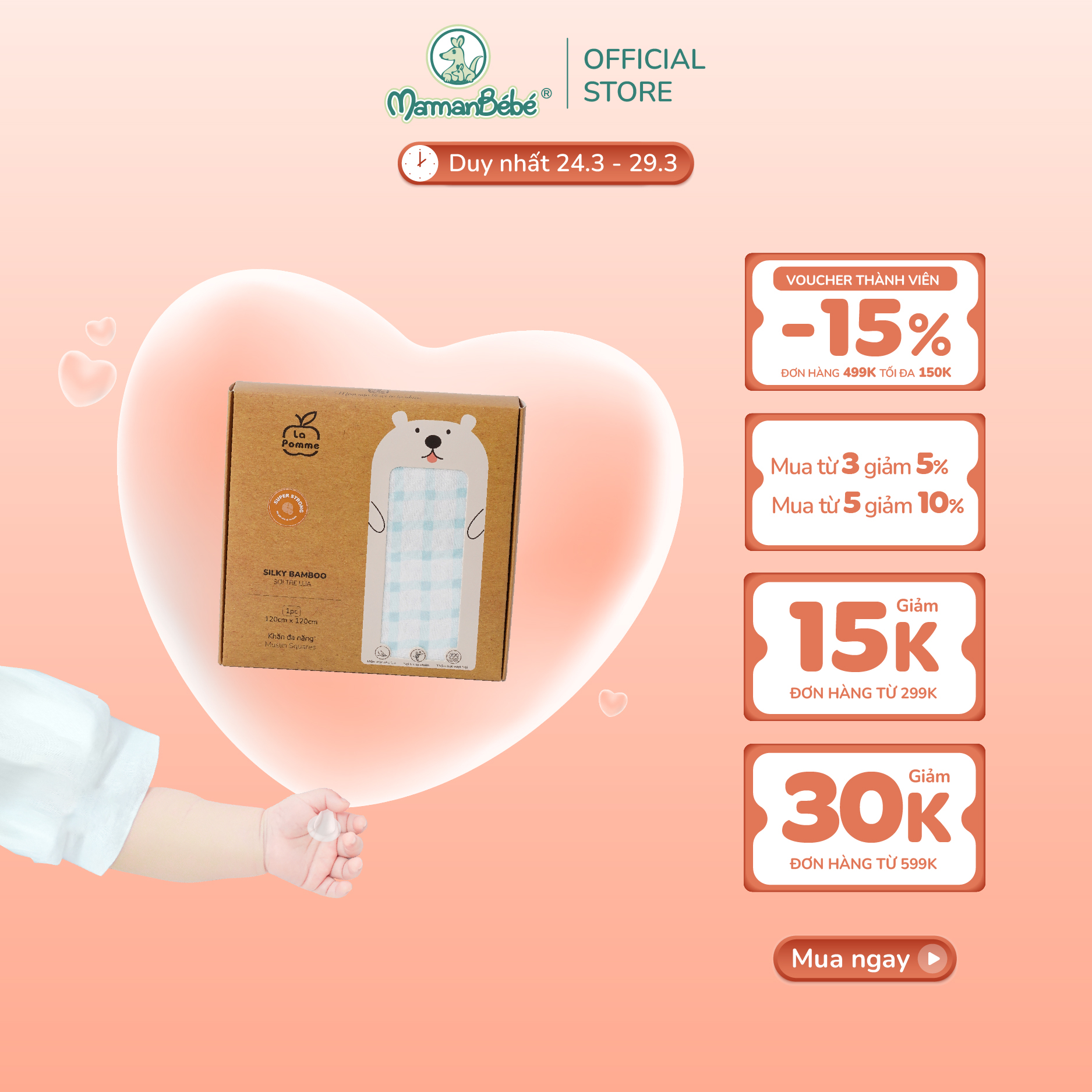 (MamanBébé chính hãng) K003 Khăn sữa sợi tre lụa La Pomme phối màu (120x120cm)