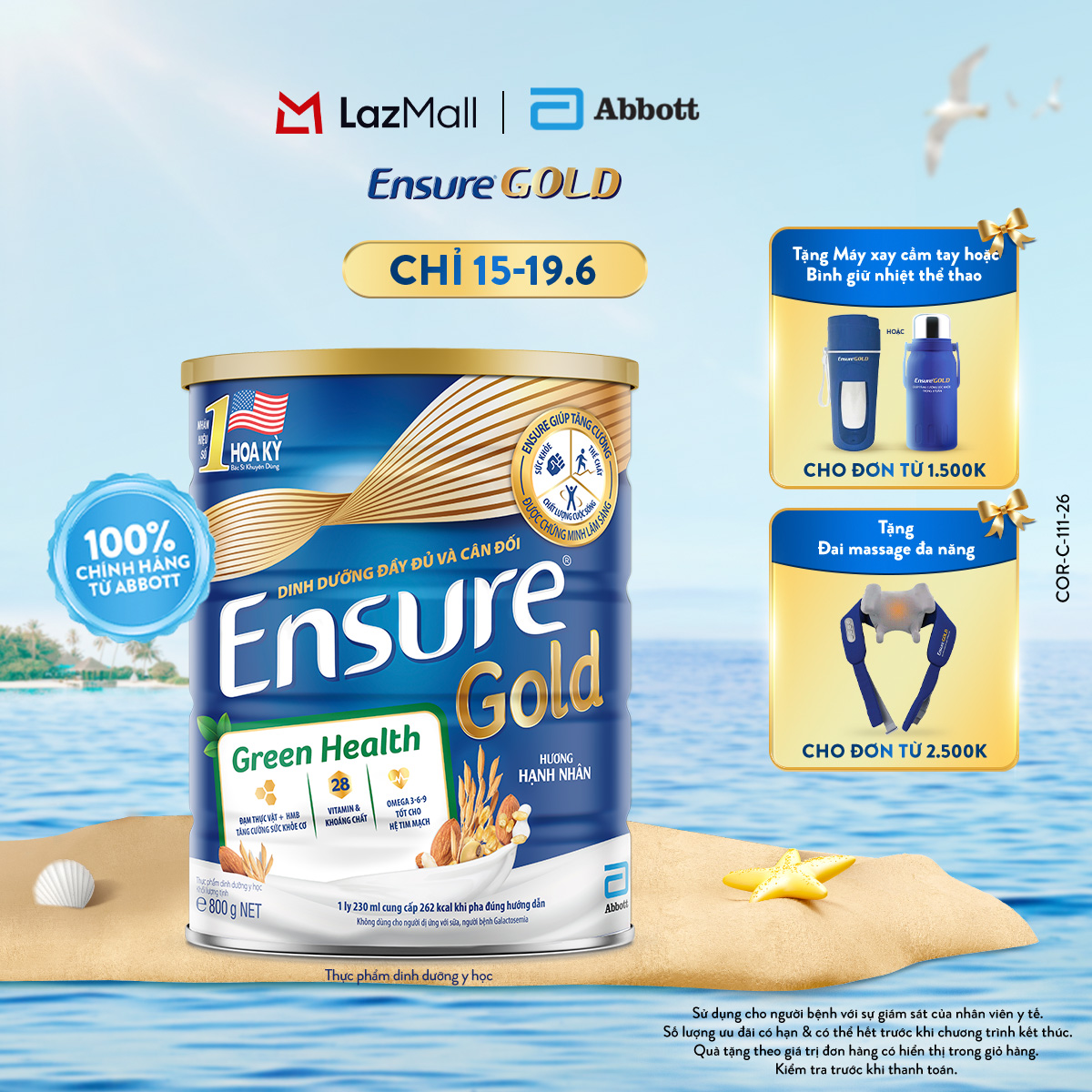 [CHỈ 15-19.06 QUÀ TẶNG CHO ĐH 1500K/2500K-SLCH] Lon sữa bột Ensure Gold Green Health 800g