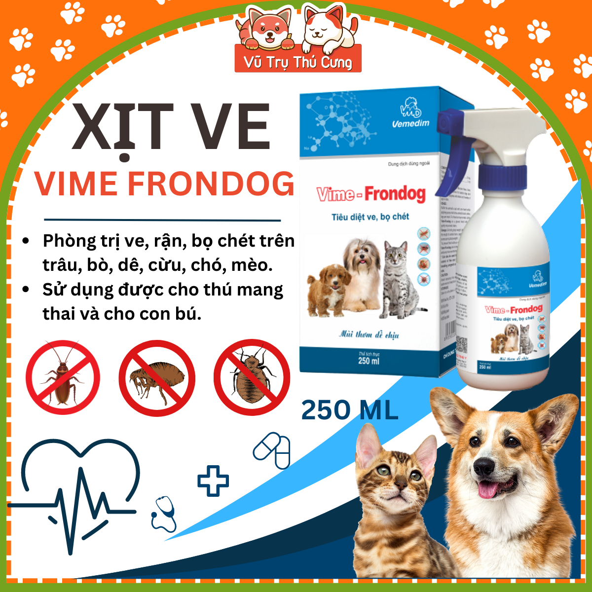 Dung dịch xịt ve rận, bọ chét cho Chó mèo Vime Frondog 250ml
