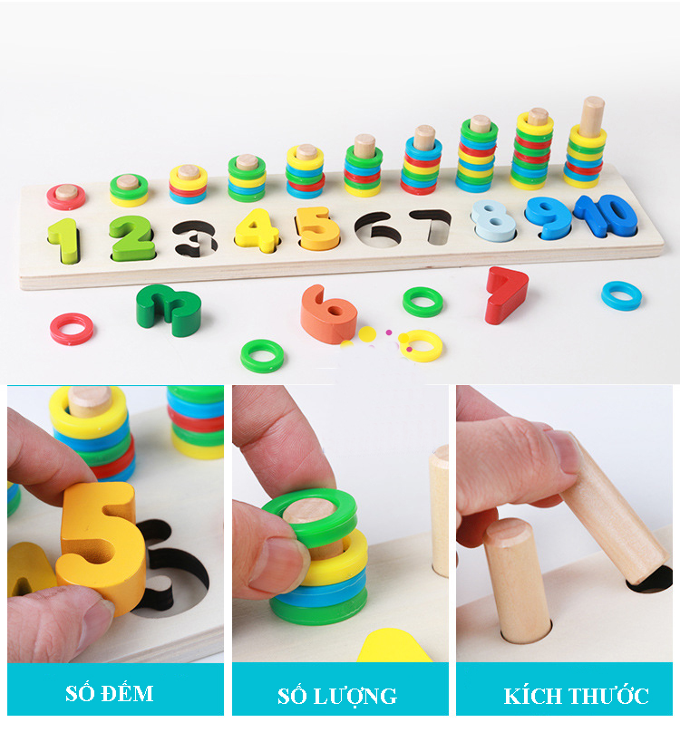 Bộ học đếm bậc thang 10 cột tính bằng gỗ - Bảng gỗ cho bé, bộ học đếm số và xếp hình khối kèm cột tính thả vòng tròn bậc thang giúp phát triển trí tuệ