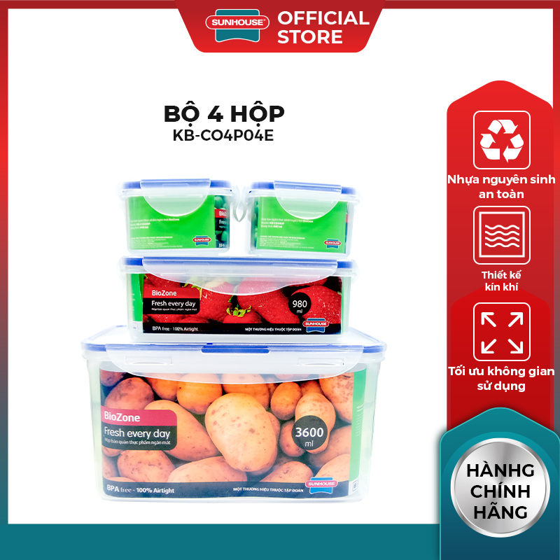 Bộ 4 hộp bảo quản thực phẩm Biozone SUNHOUSE KB-CO4P04E - Hàng chính hãng