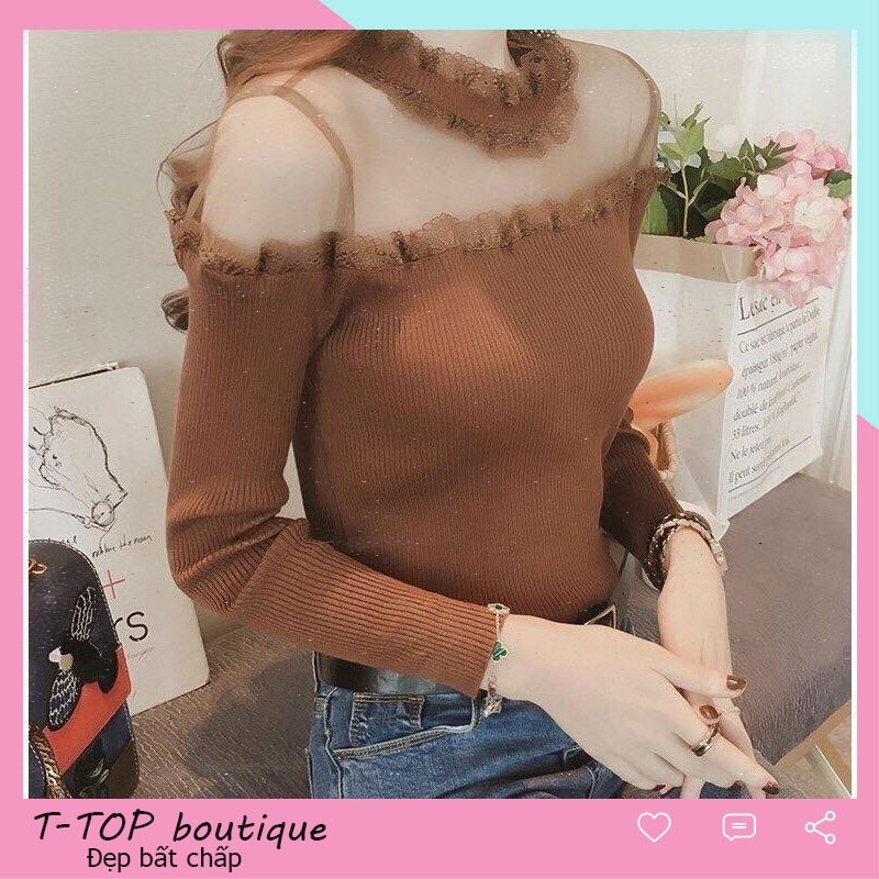 ✒✙✘ Áo len nữ đẹp cổ phối ren họa tiết thời trang áo len trễ vai dài tay mẫu mớ