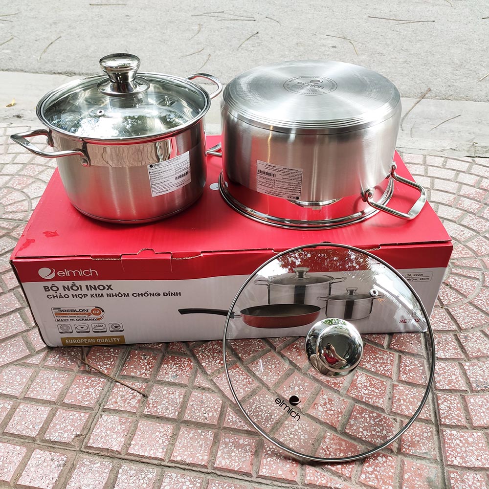 Bộ 2 nồi inox 304 đáy 3 lớp elmich eda-05s2 size 20 và 24cm - hàng chính hãng, bảo hành 12 tháng