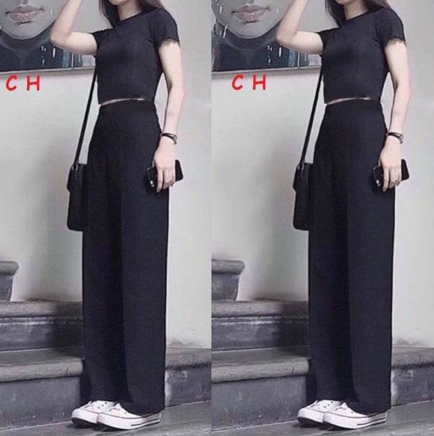 💝 HOT TREND 2021 💝 Set Áo Croptop Tay Cộc Quần Suông Ống Rộng Xuông Dài Xinh h43