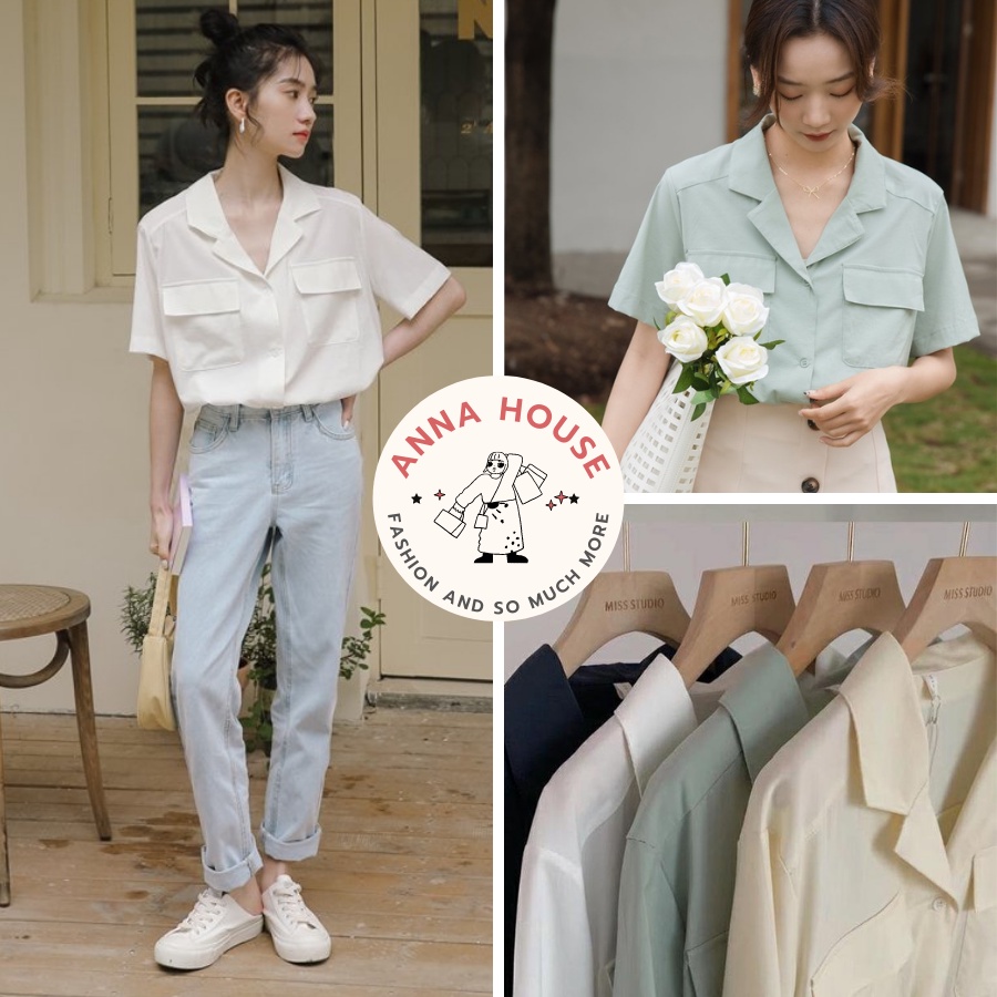 Áo sơ mi nữ cổ vest cộc tay form rộng túi nắp ngực, Áo sơ mi nữ cổ vest V tay ngắn dáng dài rộng màu trơn Hàn Quốc