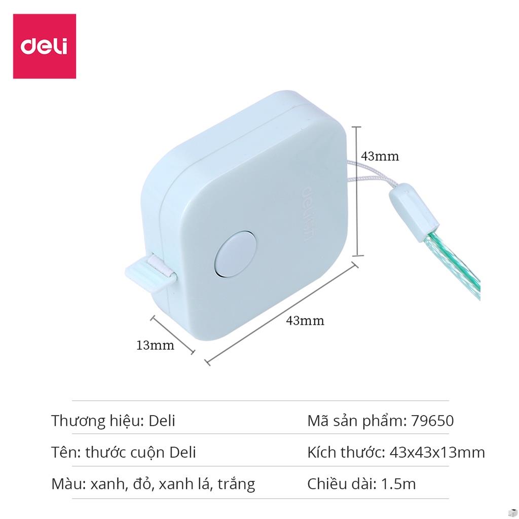 Thước dây da cuộn Deli - 1.5m - Hồng/ Xanh Lá/ Trắng/ Xanh Dương - 1 chiếc - 79650 .