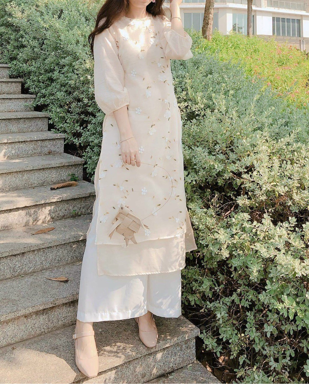 Set áo dài cách tân hoa nổi 3D dáng dài - Sienna Dress