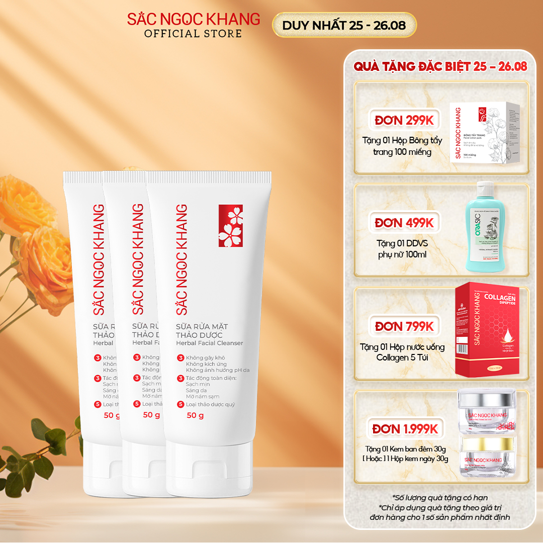 Combo 3 sữa rửa mặt Sắc Ngọc Khang 50g dưỡng da trắng sáng với tinh chất hoa anh đào, công thức dịu nhẹ phù hợp pH sinh lý làn da 5.5, không chứa xà phòng
