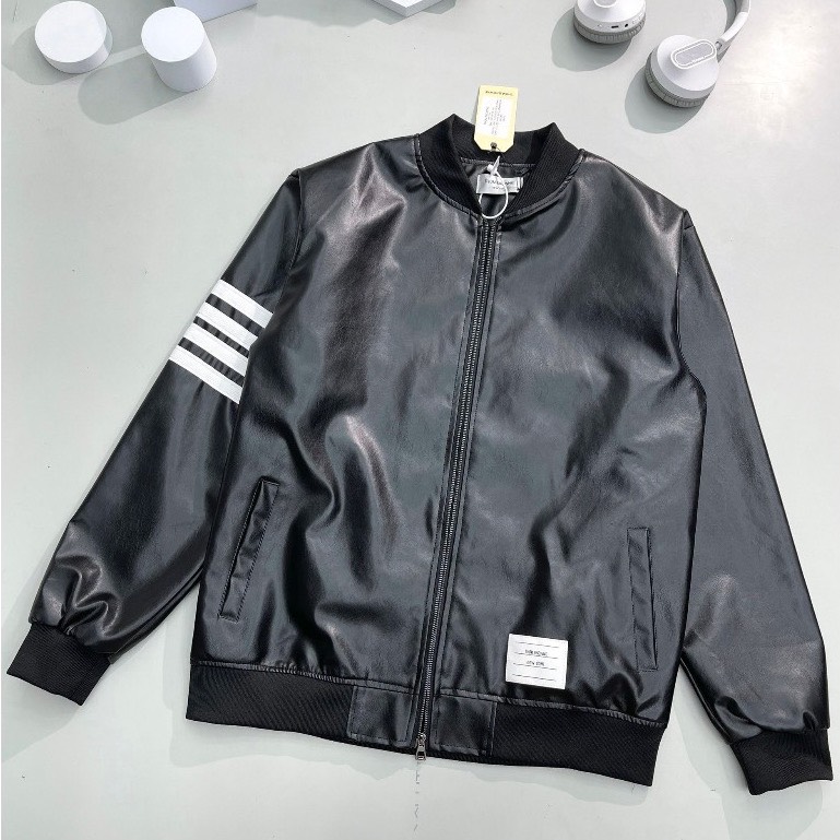  Áo Khoác Da Nam Nữ THOM Bomber Jacket Thêu 4 Sọc Trắng Tay Lót Gió Bo Chun Dày Dặn Cao Cấp Dài Tay Đen 