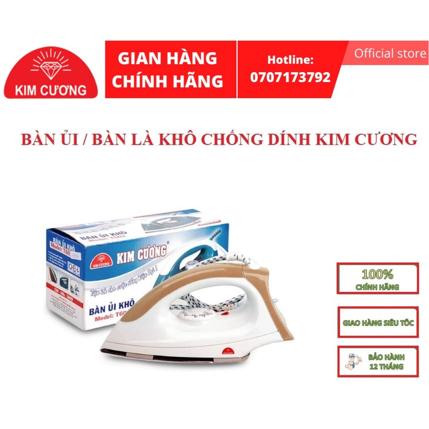 Bàn ủi khô chống dính giá rẻ kim cương kc-t6 - bảo hành 12 tháng